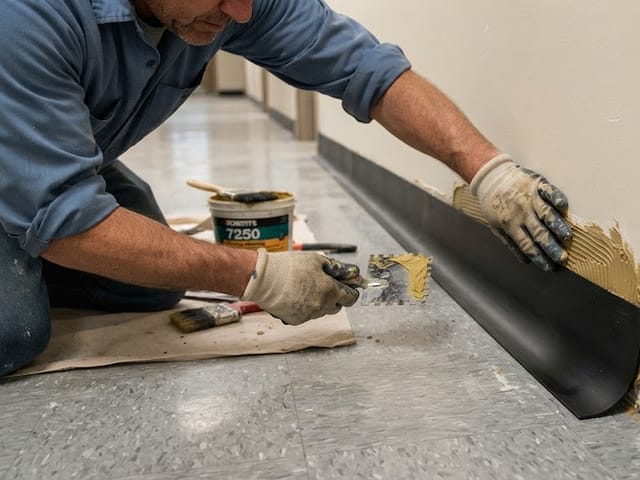 Installing commercial rubber cove base with adhesive and trowel