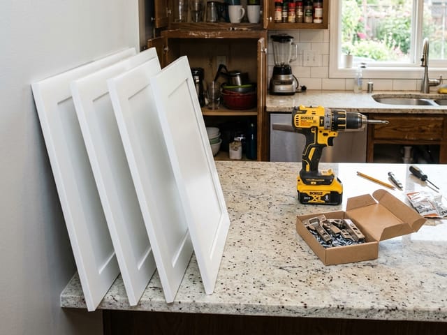 Cabinet doors and hardware being fitted