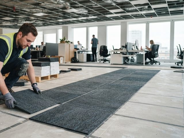 Installer laying commercial carpet tile in an open-plan office