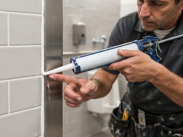 Running a bead of sealant along a commercial restroom tile joint