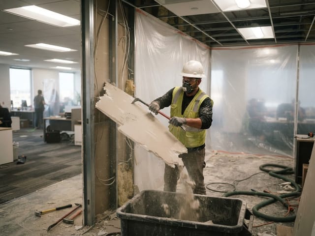 Controlled interior demolition behind containment sheeting, with the office beyond still open