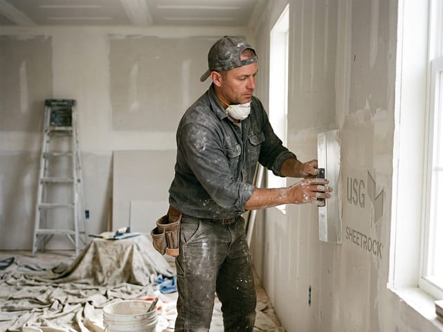Finisher working a drywall wall before paint