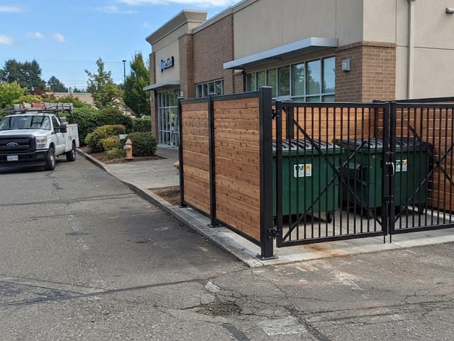 Screened dumpster enclosure with cedar slats and steel gates