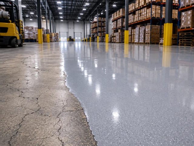 Epoxy coating over a warehouse slab, part-coated