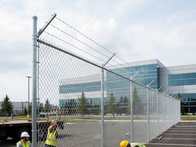 Crew installing commercial chain link fence