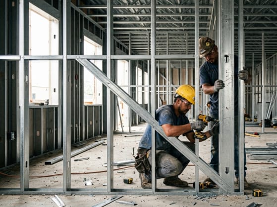 Steel stud framing going up in a commercial shell