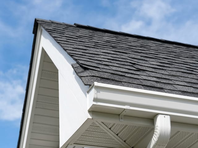 Gutter, downspout, fascia and soffit along a gable end