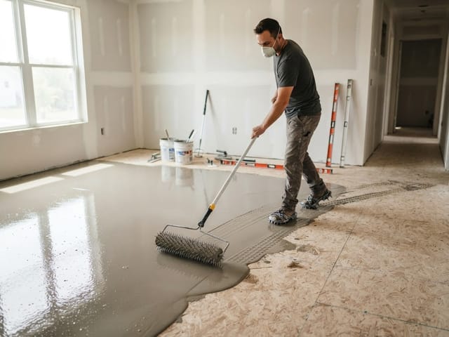 Spreading self-levelling compound over a subfloor before flooring goes down