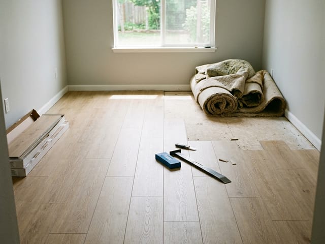 Luxury vinyl plank being laid in a finished room