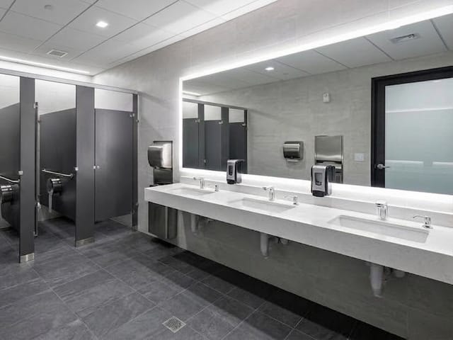 Commercial restroom with floor-mounted partitions