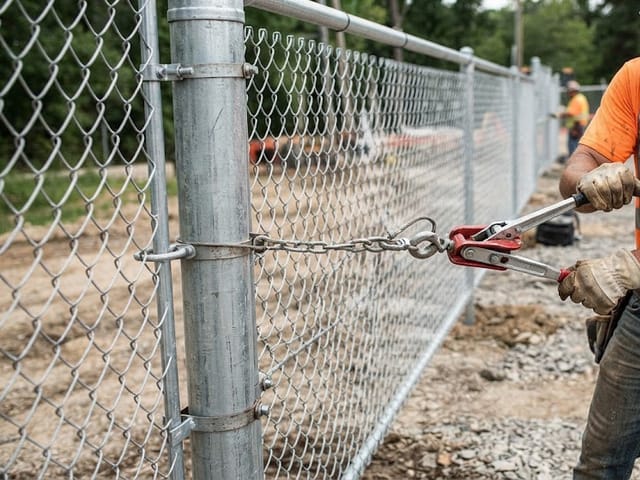 Worker re-stretching chain link fabric and tightening it to a steel post