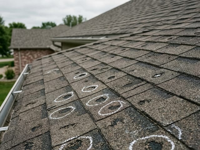 Hail-damaged shingles marked up during a roof inspection