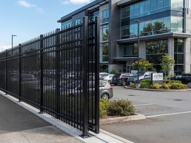 Black steel security and screening fence along a commercial property