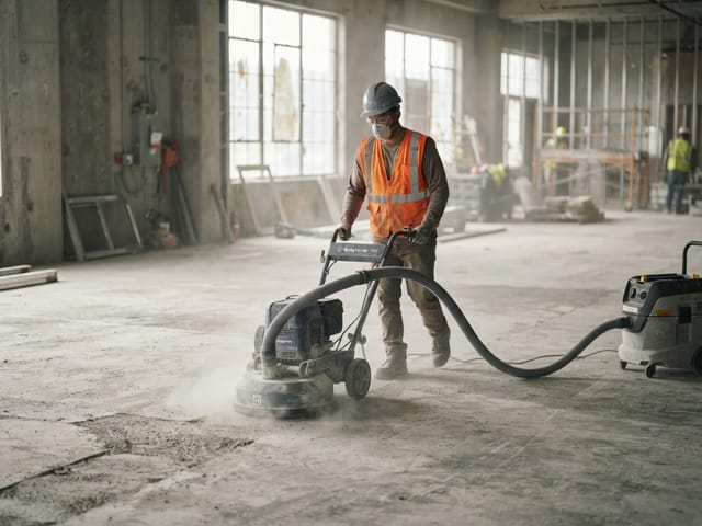 Grinding and profiling a concrete slab with dust extraction before coating